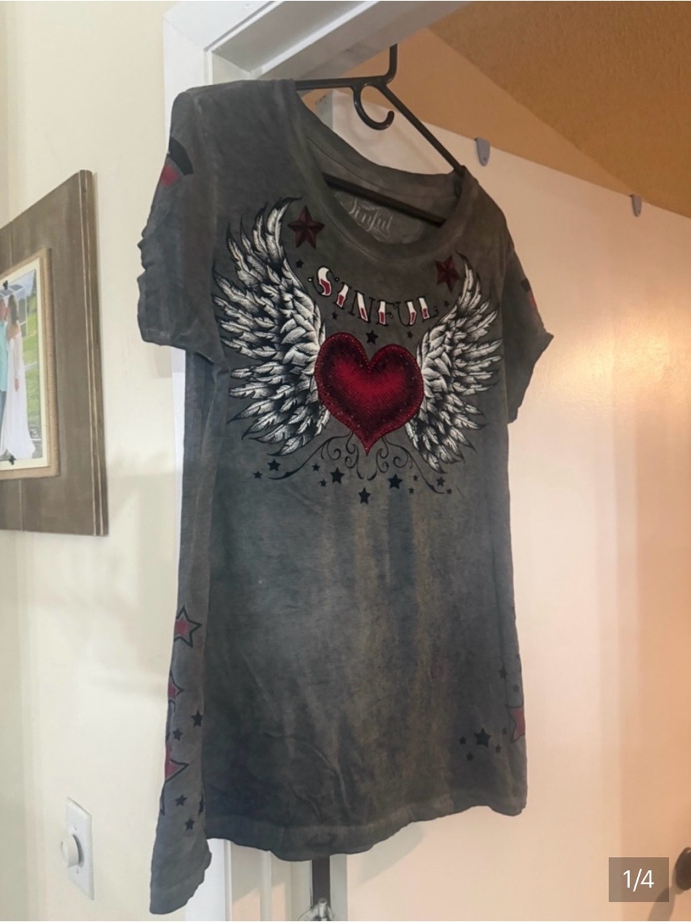 Affliction Heart Wing Tee in Gray with Red Accent